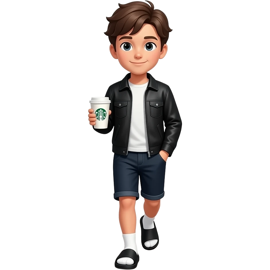 create a young boy walking across in a bridge, she's wearing a black jacket, and a long jorts, she's wearing a slide slipper with a white socks, she is carrying a cup of starbocks, and her hand is in his pocket. emoji