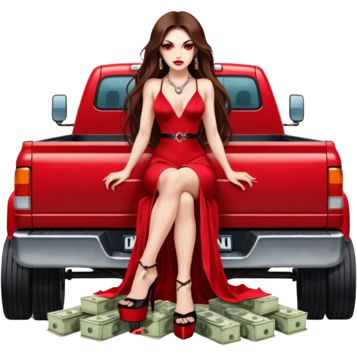 Lilith symbol red eye seductress evil long brown haired sexy succubus woman. Wearing Chanel  long dress with slit, sitting on top of a  giant lifted F350 pickup truck. Black Platform heels on feet. Back of truck full of stacks of cash, sitting behind her is  ahold stacks emoji