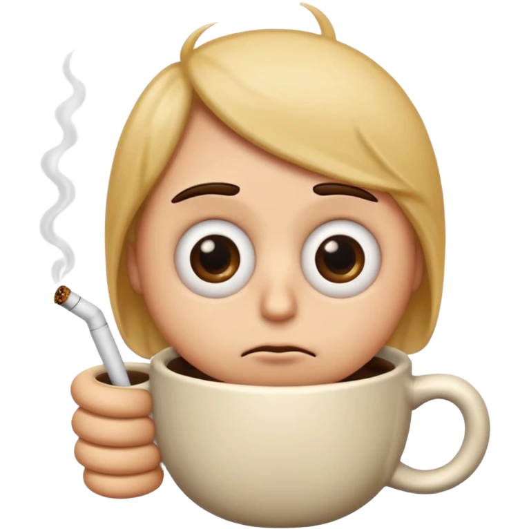 Create an emoji that is tired of life with big eye bags and annoyed. He needs to have a coffee and a used cigarette next to him or his hands  emoji