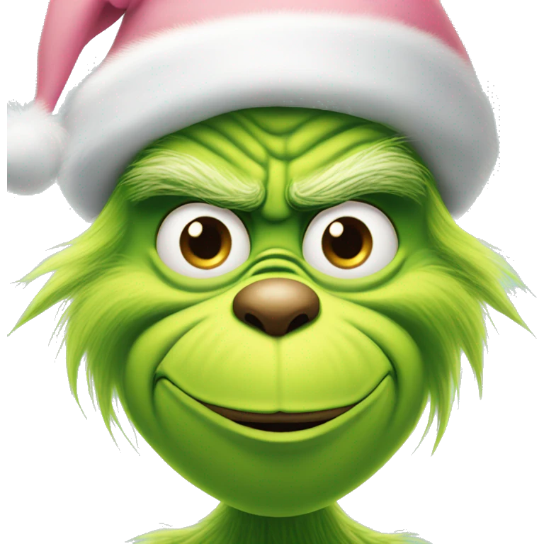 grinch face with a smirk wearing a light pink santa hat emoji