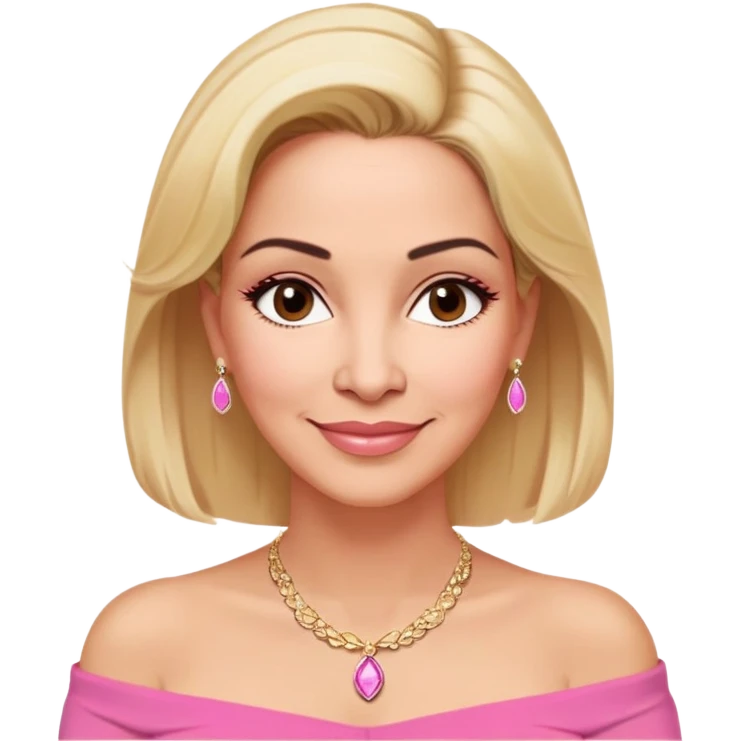 Puerto Rican actress Linette Torres in her 50s with warm light skin, sweet loving expression, gentle kind eyes, well-defined eyebrows, straight nose, warm smile, shoulder-length blonde hair, wearing a pink off-shoulder strapless top and a necklace emoji