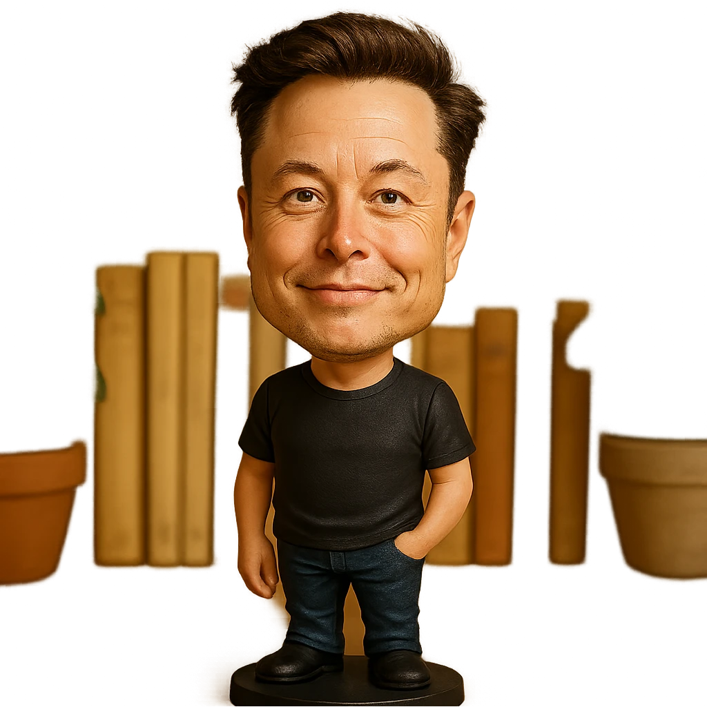 exaggerated cartoonish features bobblehead of Elon Musk in a casual outfit emoji