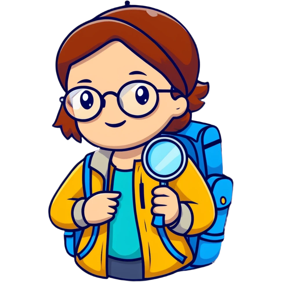 Cheerful woman explorer with glasses and backpack, holding a single magnifying glass in her hand emoji