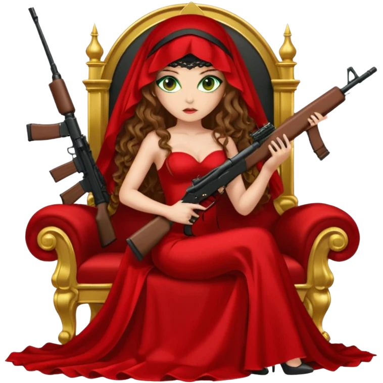 Drug dealer female green eyes symbol.  hair is brown curly long hair. sexy long with long red and black dress and face veion that covers her mouth only. black stiletto platform high heels shoes on. Holding sniper rifle sitting on a gold throne. emoji