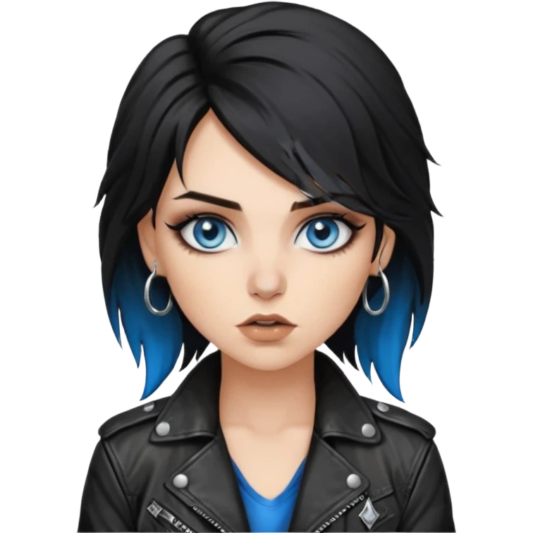 
 rockstar girl with black disheveled hair, blue eyes, Smokey eyes grunge makeup, ring on the side of the nose emoji