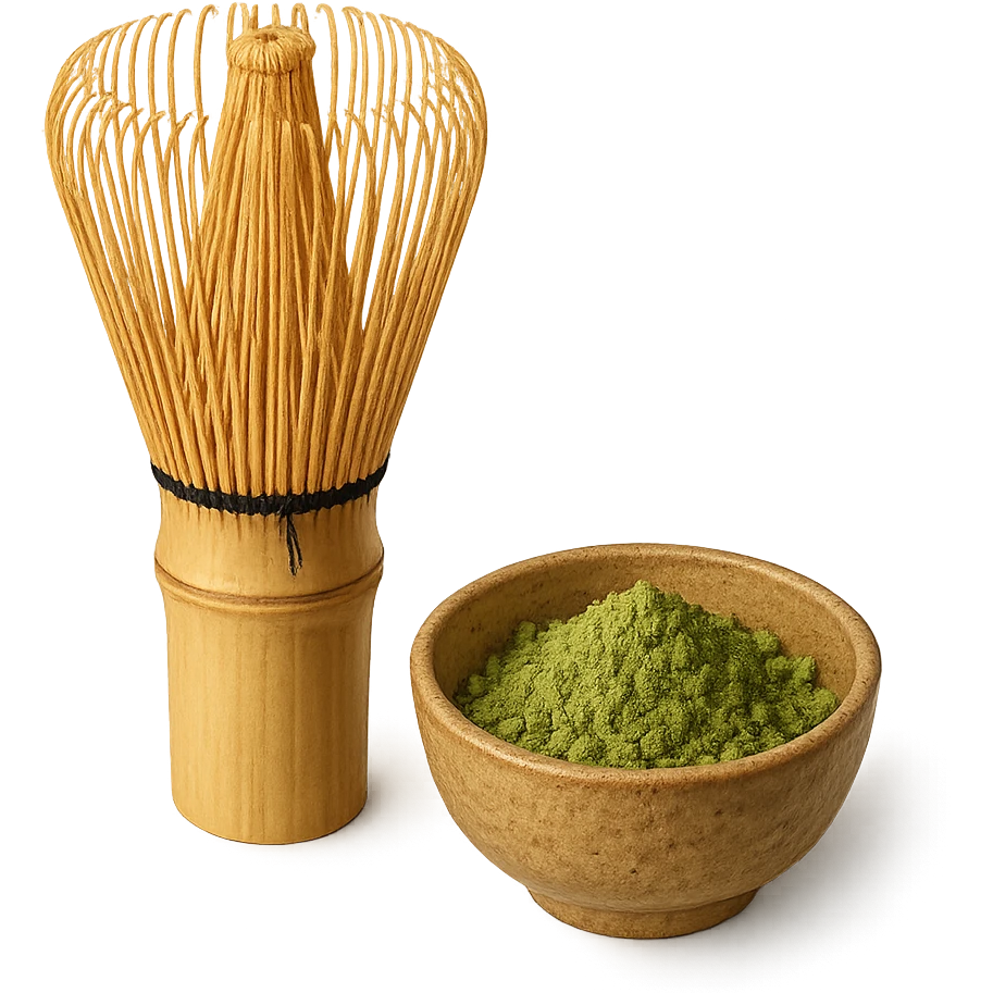 a matcha whisk (chasen) with a small bowl of matcha powder, traditional Japanese tea ceremony tools, detailed emoji