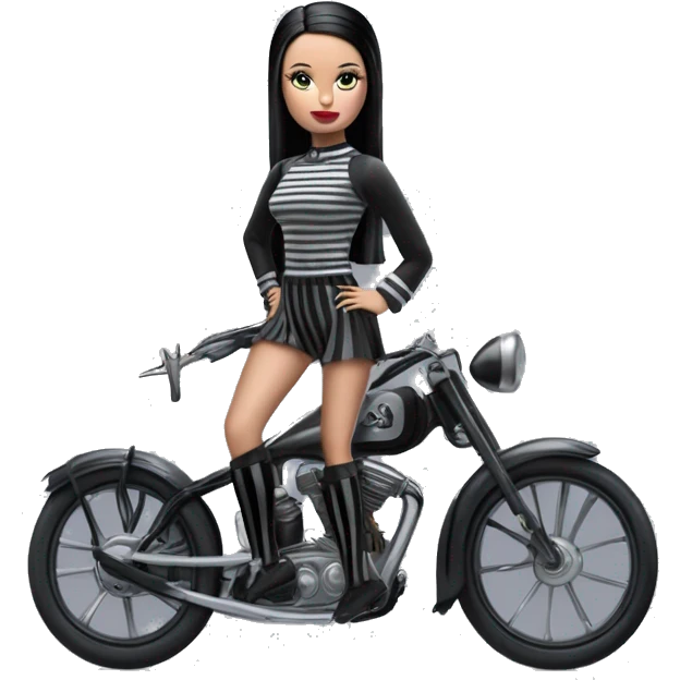 Jeffery New York Lingerie Barbie Wednesday Addams from academy in vertically striped gray and black outfit. riding hot rod bikes with crows emoji