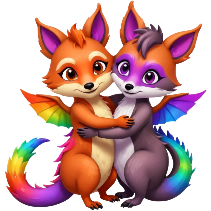 black female raccoon dragon hybrid with rainbow colored wings and purple eyes giving a big hug to a red female fox dragon hybrid with rainbow colored wings and orange eyes emoji