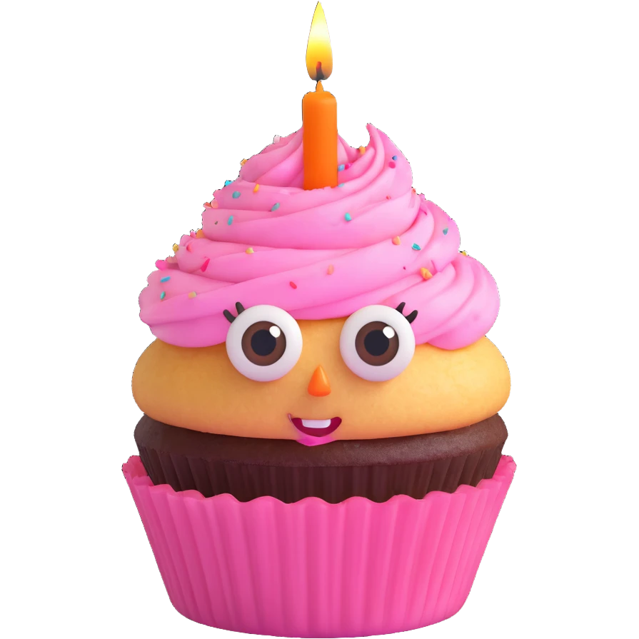 A cupcake with pink frosting, big eyes, two teeth, and a lit candle on top emoji