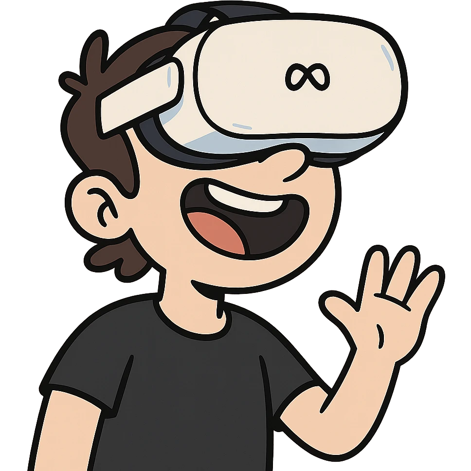 cartoon Meta Quest 2 headset, simplified shapes, white and black, with a touch of blue for highlights, cheerful expression emoji
