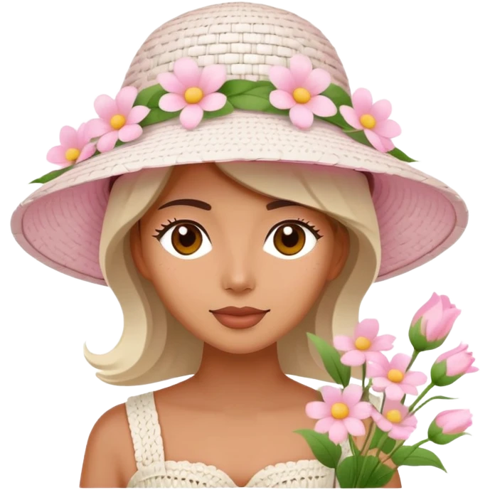 White Wicker white sun hat with light pink flowers emoji