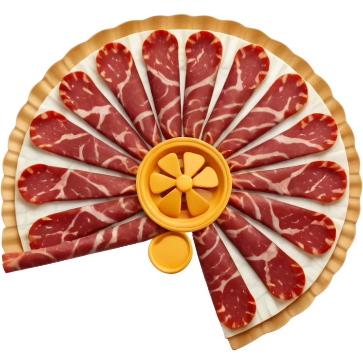 thinly sliced rounds of dry-cured pork sausage with marbled deep red meat and white fat, slightly ruffled edges, dense speckled interior, arranged in a loose overlapping fan, firm artisanal texture, soft lighting, subtle shadows, transparent background, emoji scale emoji