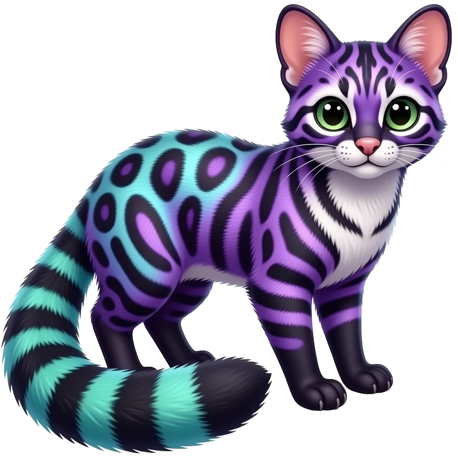 shiny realistic silky tropical thin exotic beautiful purple fur with cyan-lime-green-gradients-colored, black markings, with white underside, iridescent civet-genet-Cacomistle-oncilla-animal-hybrid with intricate pattern markings (full body) emoji