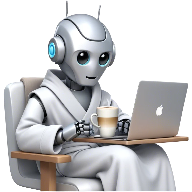 An emoji of a remote-working robot, sitting comfortably with a laptop, wrapped in a cozy bathrobe. The robot has a sleek, futuristic design with expressive digital eyes, sipping a virtual coffee. The scene should feel relaxed yet high-tech emoji