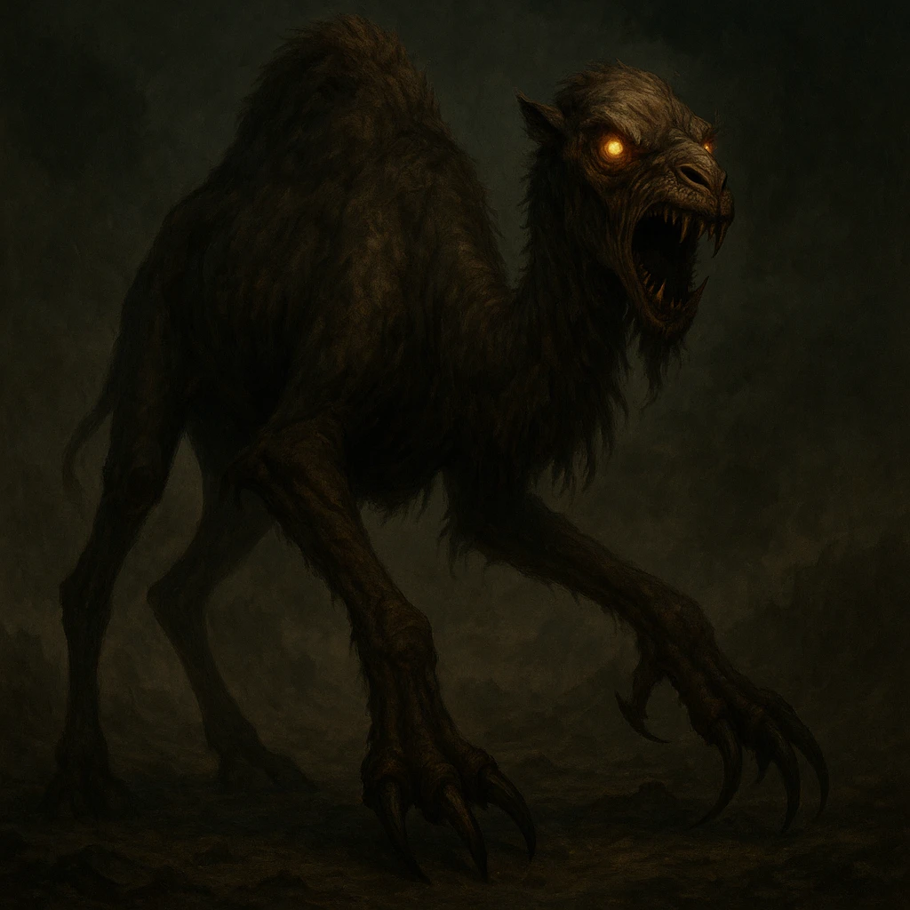 a scary camel monster with glowing eyes and claws, menacing, fantasy art emoji