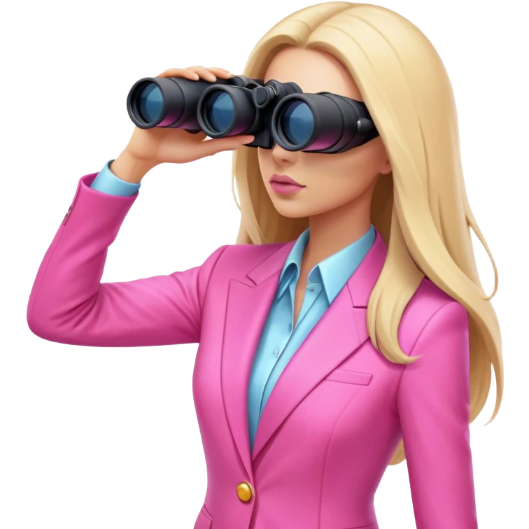 futuristic-looking woman with long hair in an intensive color pink suit looking through binoculars, viewed from an angled perspective. emoji