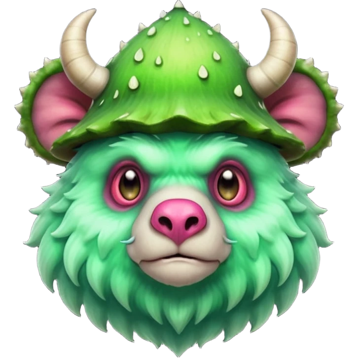 poisonous mushroom bear monster portrait, head and shoulders only, bear-like face, mushroom cap horns, toxic green aura, fluffy neck fur, fantasy beast style, 3D cartoon, mobile game icon style, clean background, no text, no watermark

 emoji