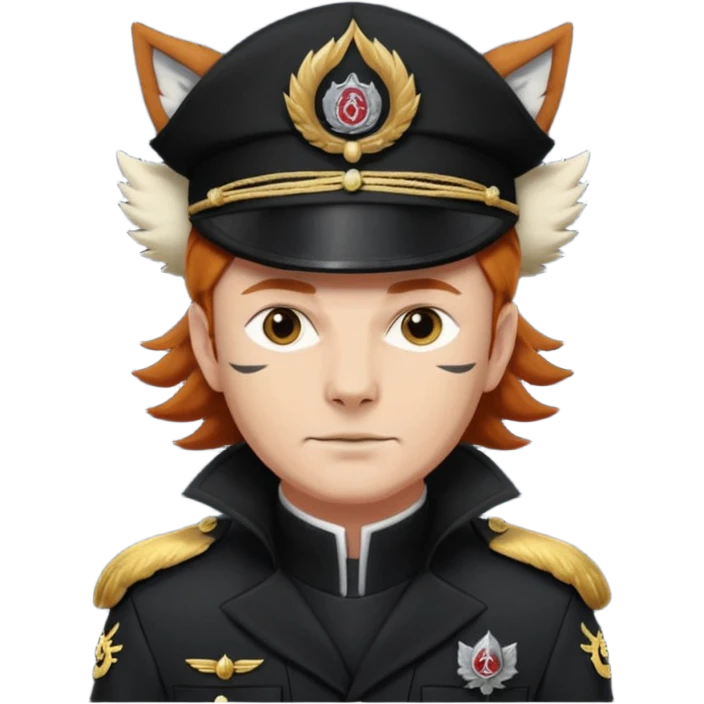 An auburn-hair'ed admiral with a flawless bear and mustache wearing a black admiral outfit and hat with Wolf Ears coming out of the hat, and 9 tails behind him, with the admiral black shirt featuring on the left breast pocket the insignia of Helldivers 2. emoji
