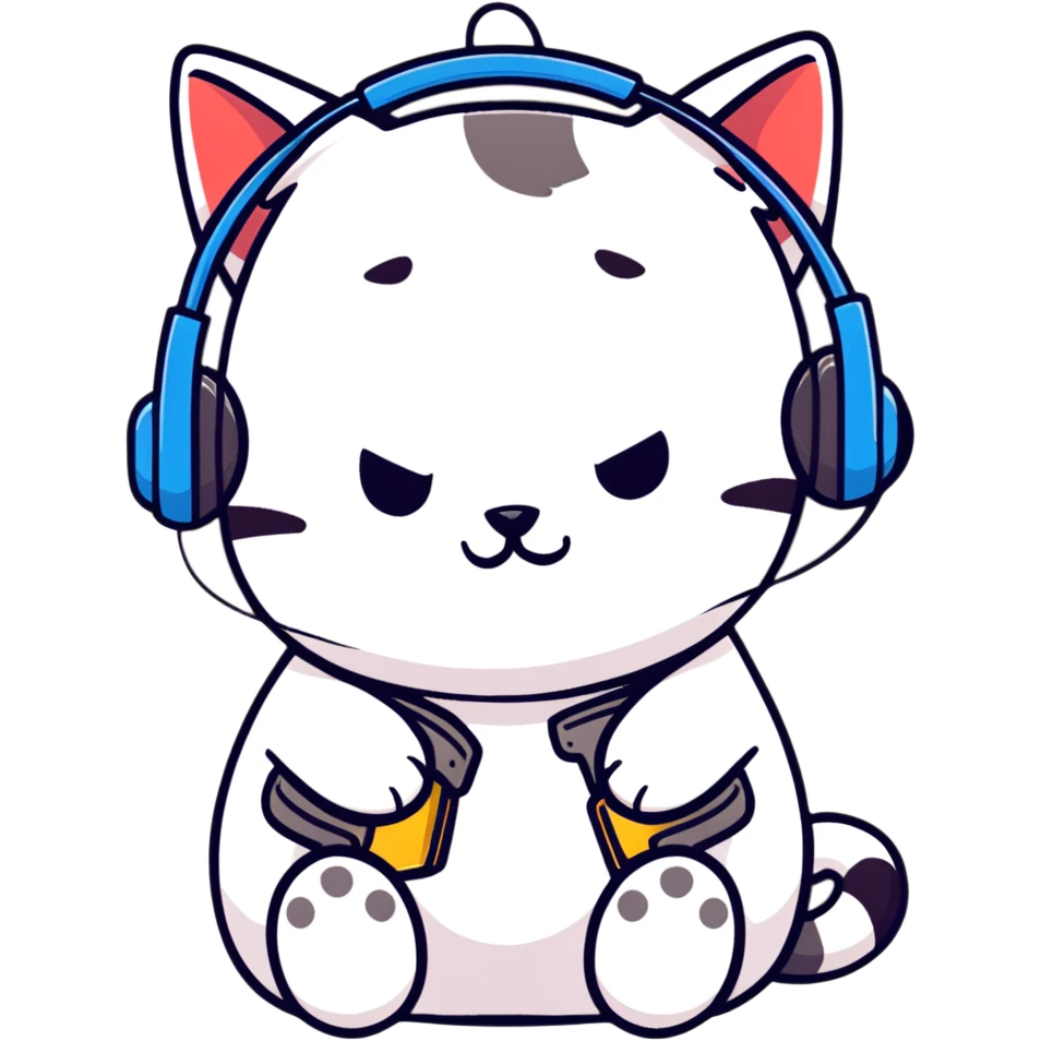 tired sad cat with a gun and headphones, cartoon sticker emoji