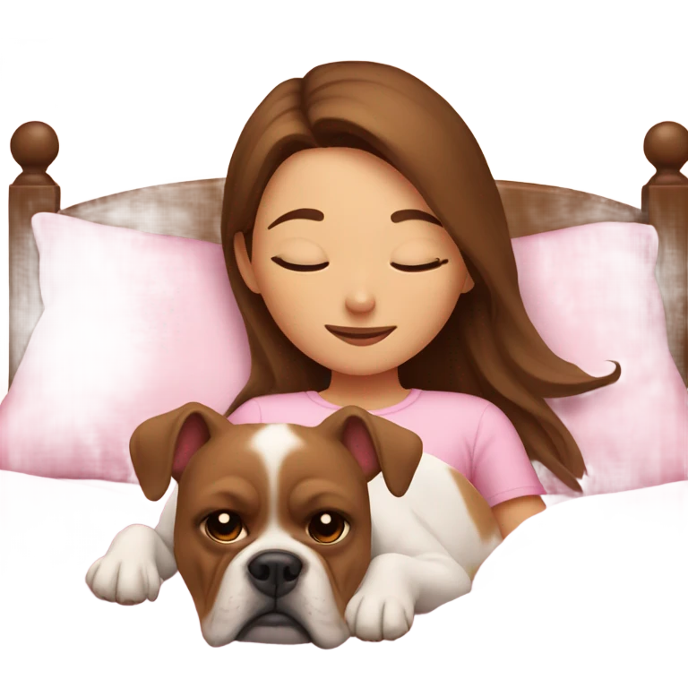 girl in pink bed with brown hair and sleeping bulldog emoji