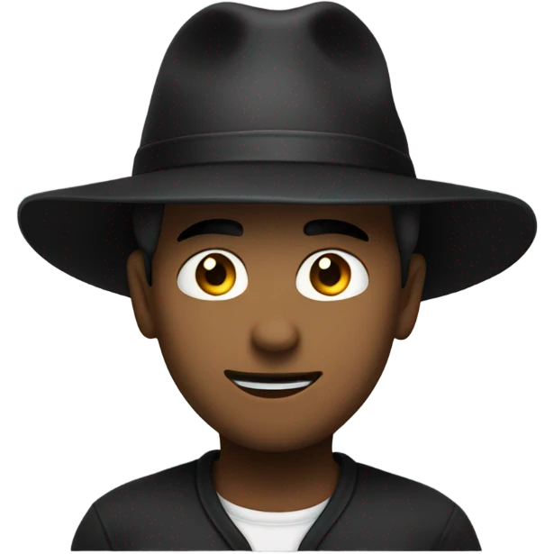 A person standing normal without any expresion and have a big black hat emoji