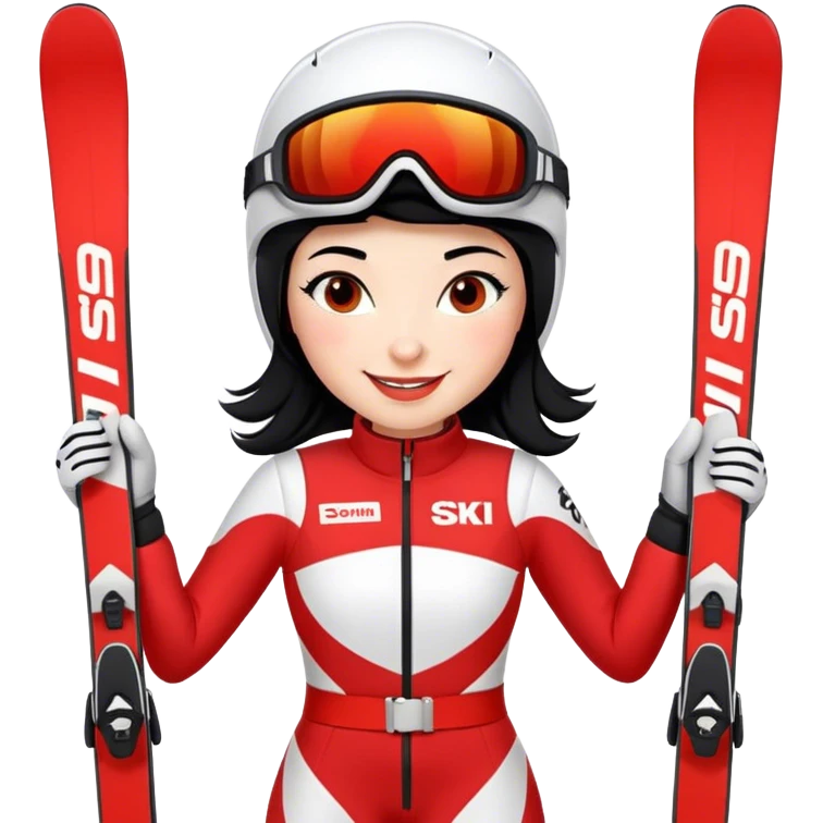 Ski racer woman red white dress with the name STEPHANIE on the dress the name HEAD on the skis, black hair, smile emoji