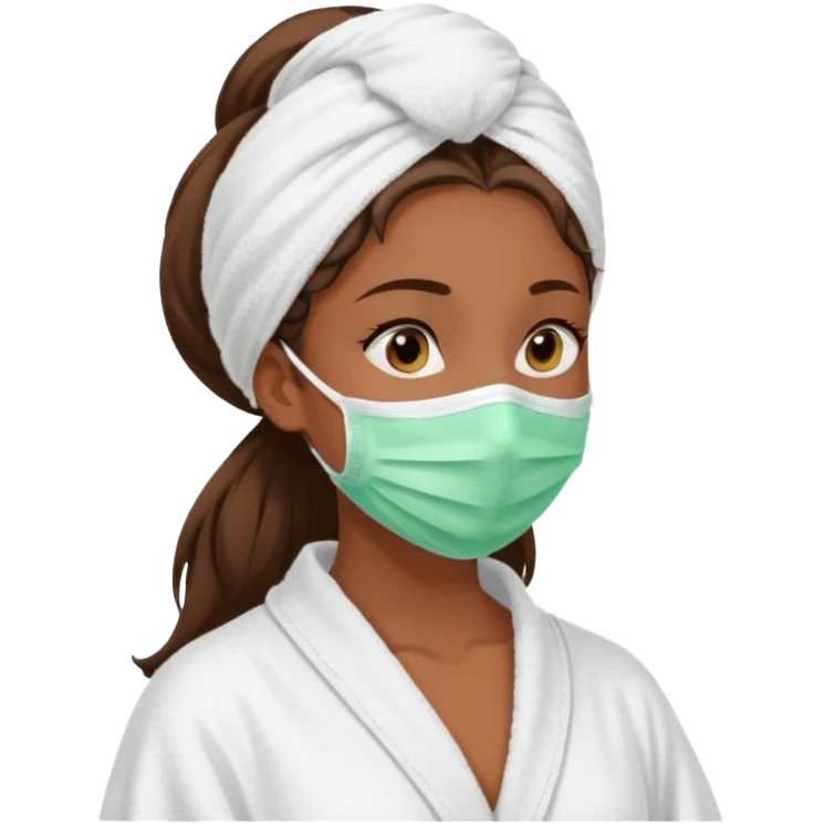 Tanned girls side profile  in robe and her hair in a towel with a face mask on emoji