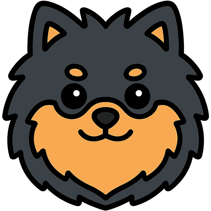 fluffy black and tan Pomeranian dog face, large round eyes, black button nose, tan muzzle, tan eyebrow spots, thick fluffy fur, upright tousled ears, friendly and cute emoji