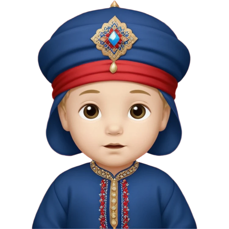 Caucasian baby boy dressed in a dark blue ghalibiya with delicate decorations with a Red Moracain hat  emoji