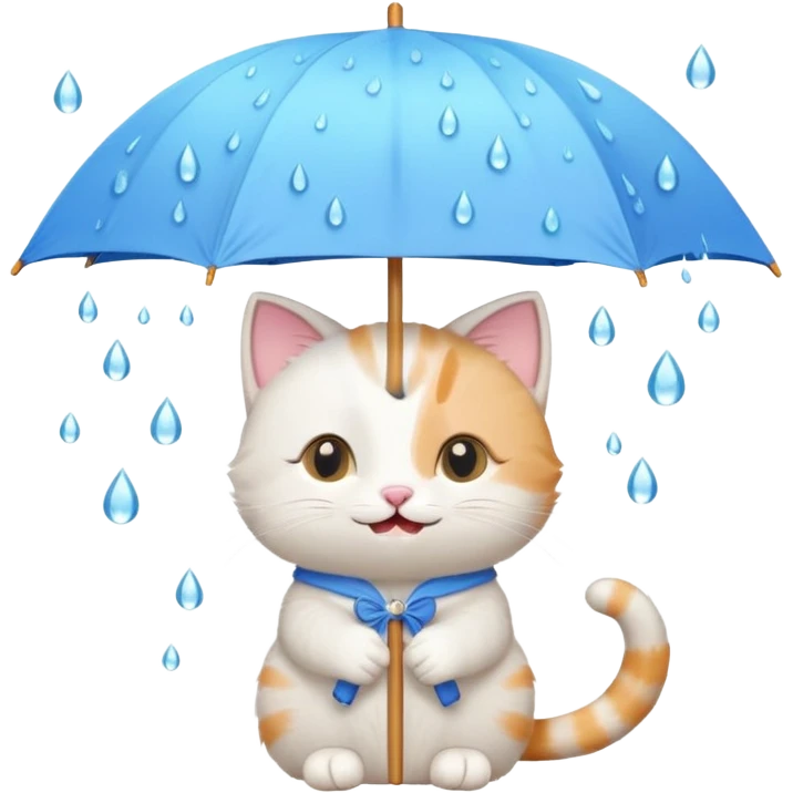A cute cat holding a pastel umbrella, smiling while raindrops fall softly. emoji