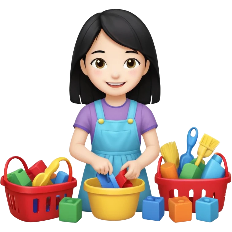 A cute 4-year-old Japanese girl with a big smile, proudly cleaning up her toys by herself in a bright playroom. She is putting colorful blocks and dolls back into baskets, looking happy and accomplished.  emoji