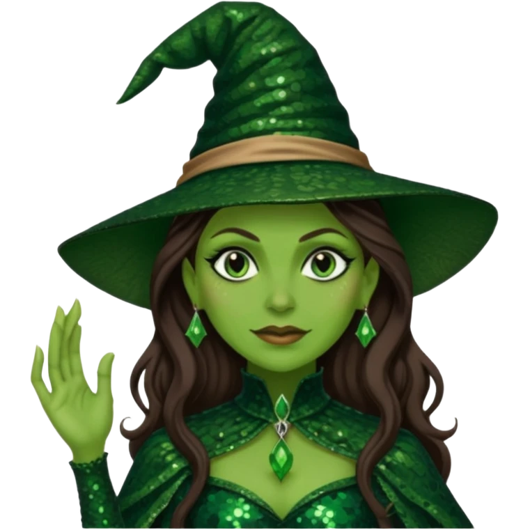 Elphaba, Wicked Witch of the West from The Wizard of Oz with long brown hair, dark green sequin outfit, green skin emoji