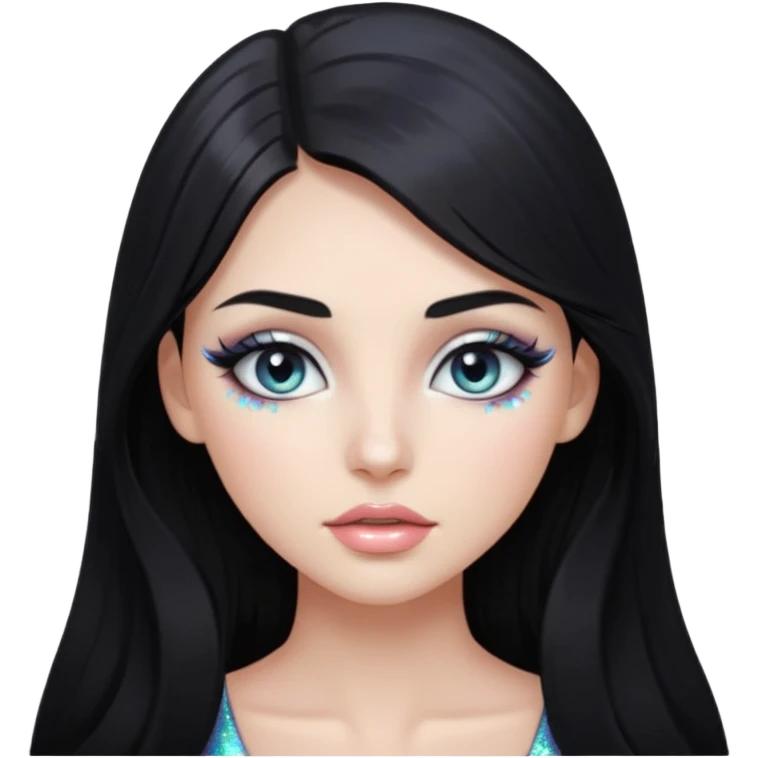 douyin long black hair silver grey eyes glossy lips glittery iridescent white eyeshadow girl emoji