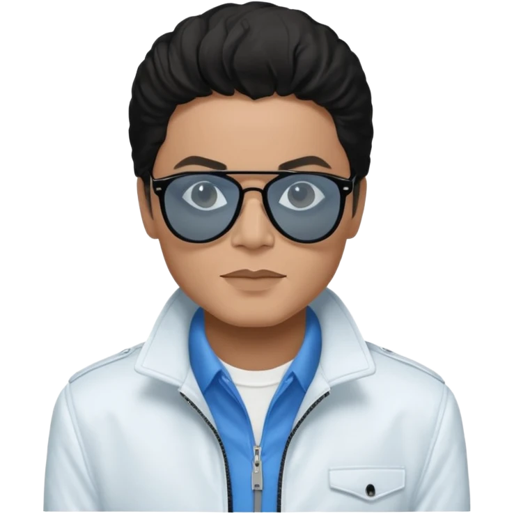 Michael Jackson is white, wearing completely black smokey Ray-Ban glasses, a white jacket, and a blue shirt. emoji
