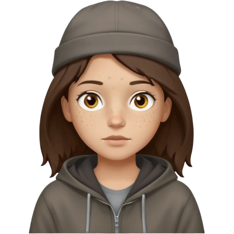 Hobo tomboy with light skin, freckles, shoulder-length center-parted dark brown hair. brown eyes, dark dull brown hoodie, grey shirt. Flat crown bolero hat emoji