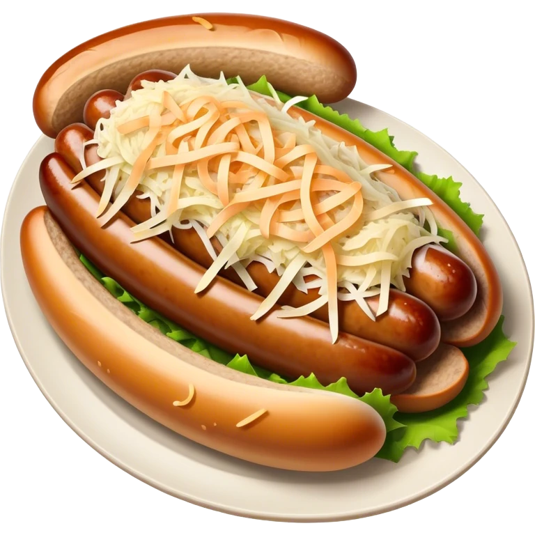 Bratwurst Cinematic Realistic Bratwurst Dish Emoji, depicted as a grilled bratwurst topped with a generous serving of shredded sauerkraut, rendered with rich textures and dynamic, appetizing lighting. emoji