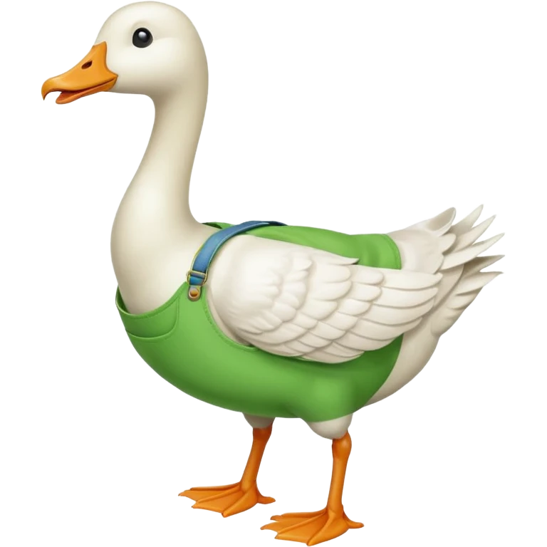 "Emoji of a white running goose with a very long neck and two legs. The goose wears bright green dungarees." emoji