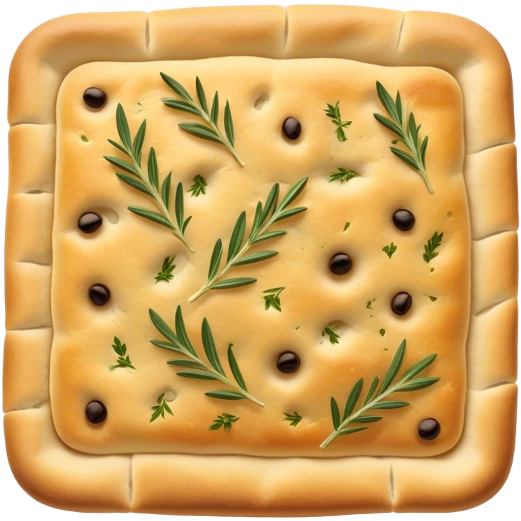 Focaccia Cinematic Realistic Focaccia Bread Dish Emoji, depicted as a golden, olive-oil brushed flatbread sprinkled with herbs, rendered with lifelike textures and warm, inviting lighting. emoji