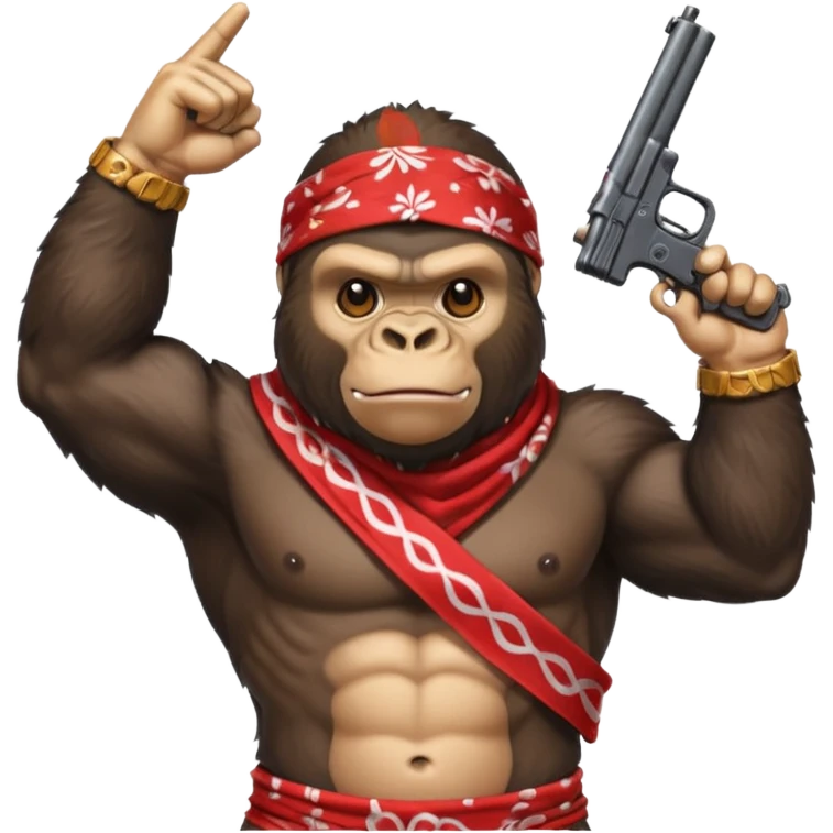 A gorilla holding a gun in the air with a bandana  emoji