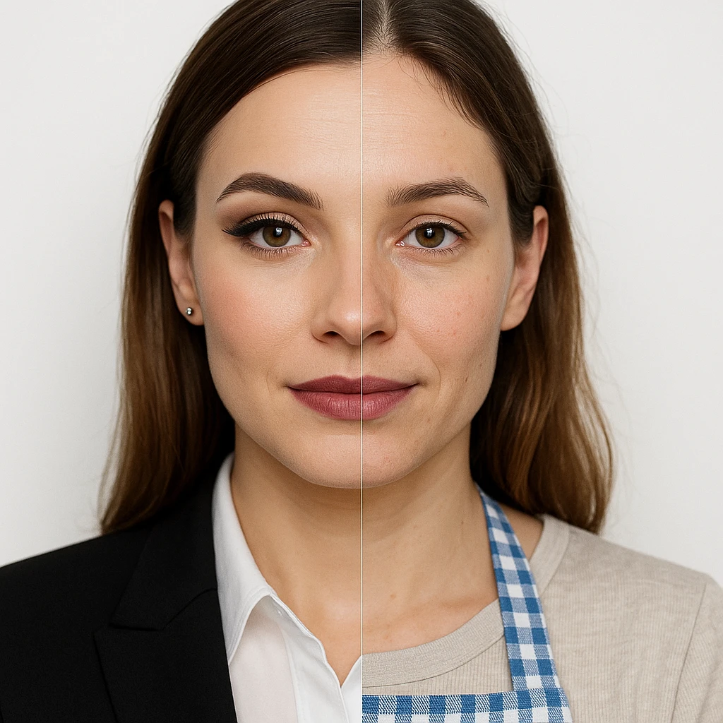 hyper realistic split portrait of a woman, half face with professional makeup and office clothes, half face natural, homemaker apron, white background, symmetry, clear contrast emoji
