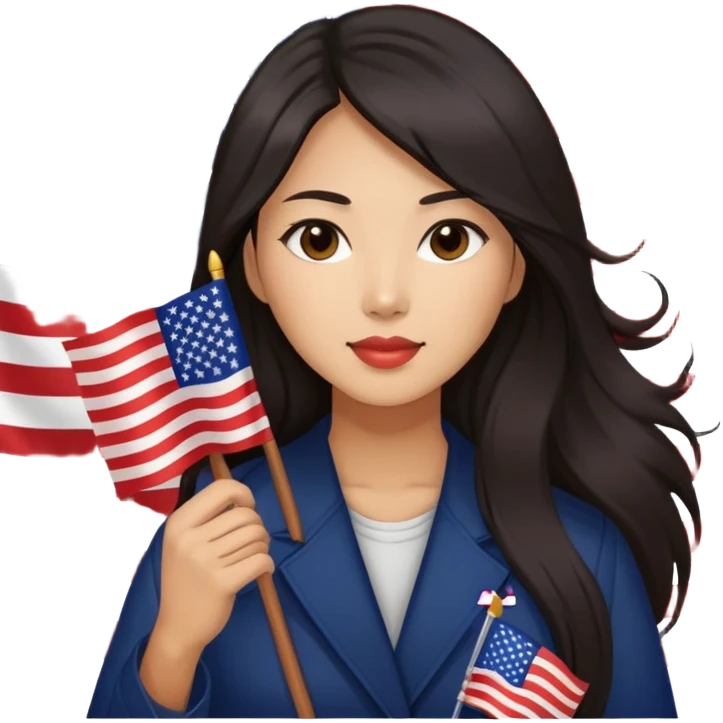 Asian eoman long and dark hair, holding an american flag emoji