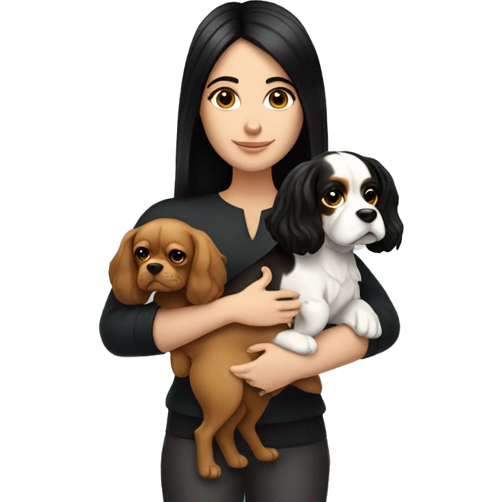 white girl with black straight hair holding a king charles dog emoji
