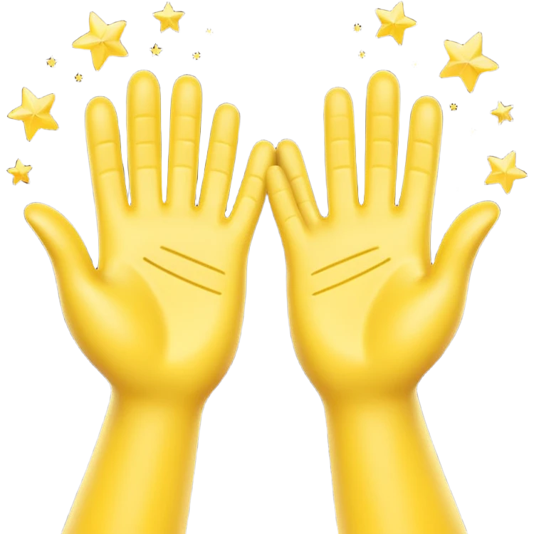 A 3D digital emoji of two yellow cartoon hands doing a joyful high five, palms clapping together in the air, with bright sparkles and motion lines to show excitement and celebration, Apple emoji style emoji