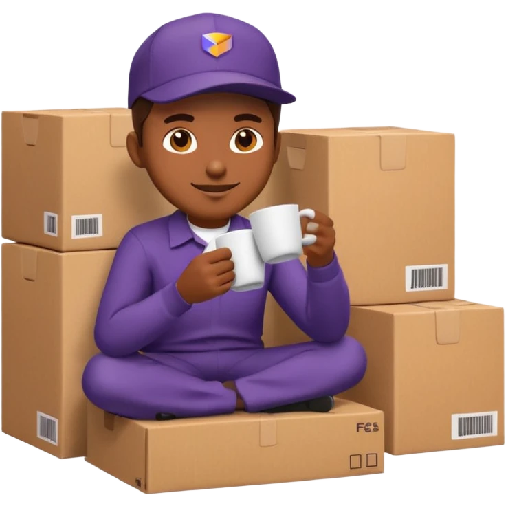 emoji of FedEx delivery man is sipping coffee while sitting on the boxes emoji