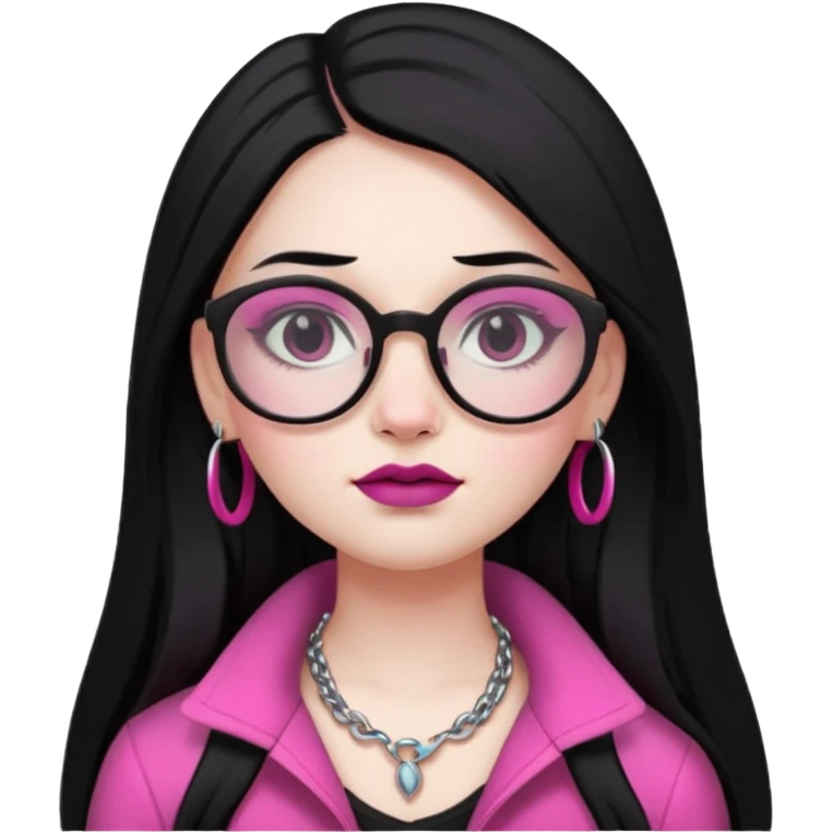 pale-skinned girl, facial piercings, long straight black hair fading to pink, bold dark makeup, glasses, curvy figure emoji