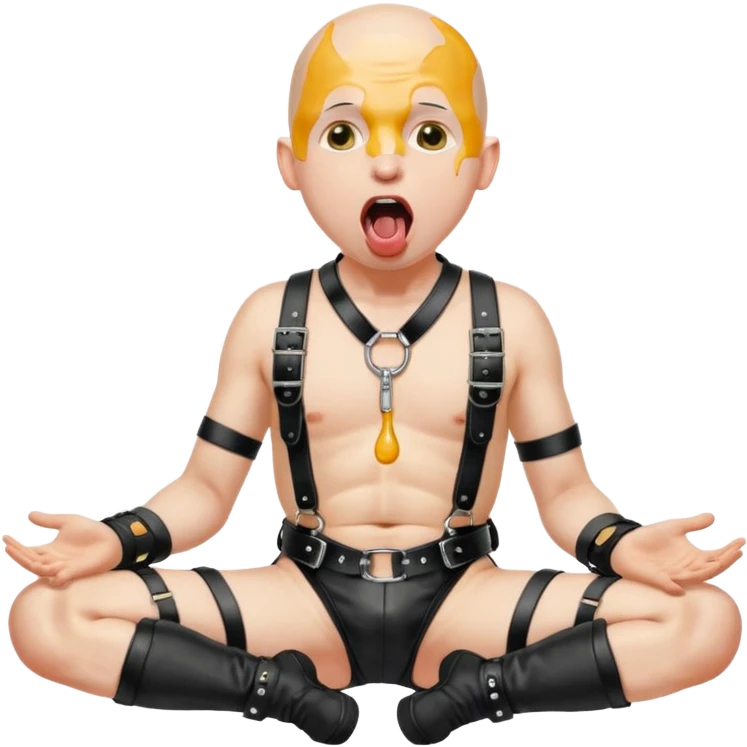 A bald man in a black leather harness on his knees, looking up with his mouth open and his tongue out swallowing piss emoji
