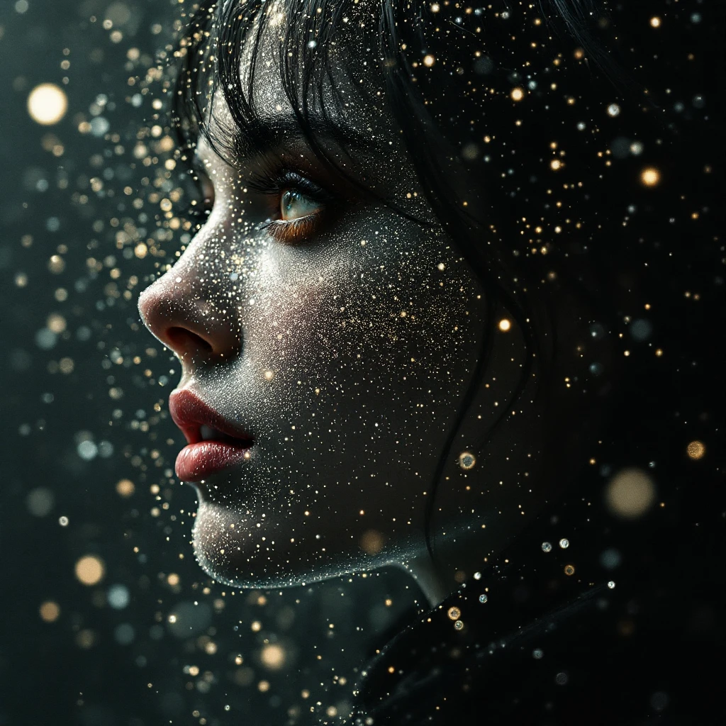 Cinematic still of a Woman looking for a dot emoji
