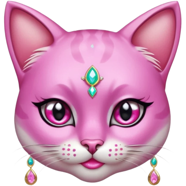 glamorous cat portrait, head and shoulders only, exaggerated pink makeup, bright eyeshadow, long eyelashes, shiny blush cheeks, sparkling face gems, glitter accents, elegant earrings, fantasy beauty style, cute 3D cartoon, mobile game icon style, clean background, no text, no watermark
 emoji