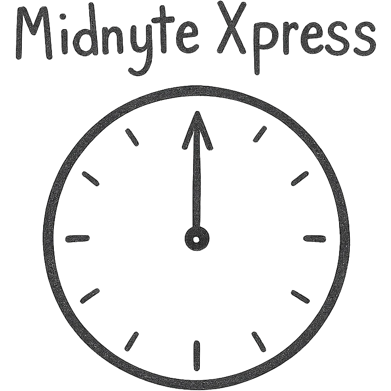 hand-drawn icon style simple clock at midnight with the text 'Midnyte Xpress' above it emoji