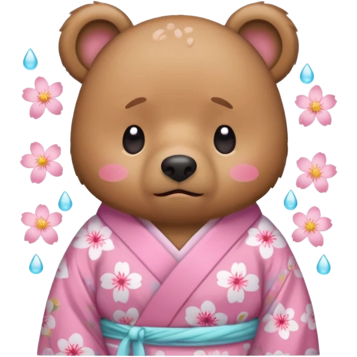 A cute light-brown bear wearing a pastel pink sakura-patterned kimono, normal balanced body ratio.  
Crying heavily with big teardrops streaming down the face, trembling lips and watery eyes.  
Kawaii emoji style, minimalistic clean sticker illustration, white background. emoji